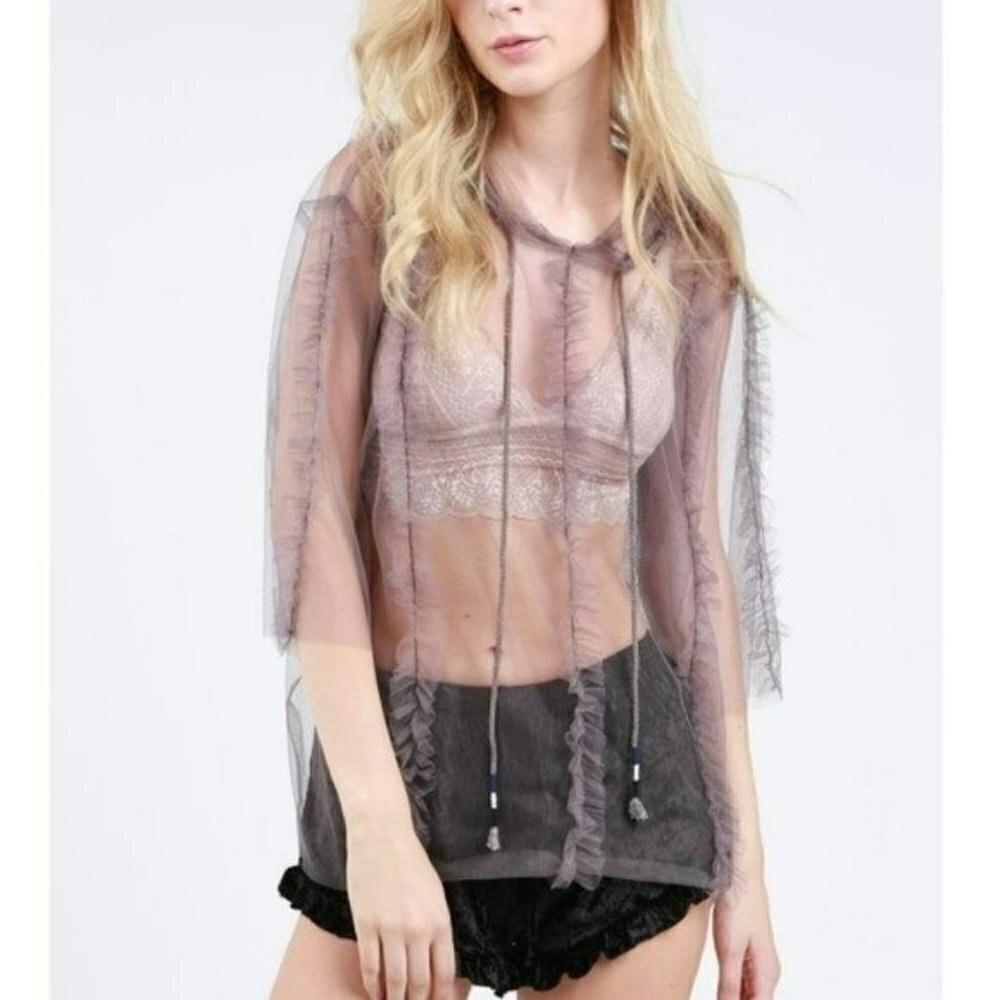 NWT POL Shear Mesh Ruffle Trim Hooded Top Blouse